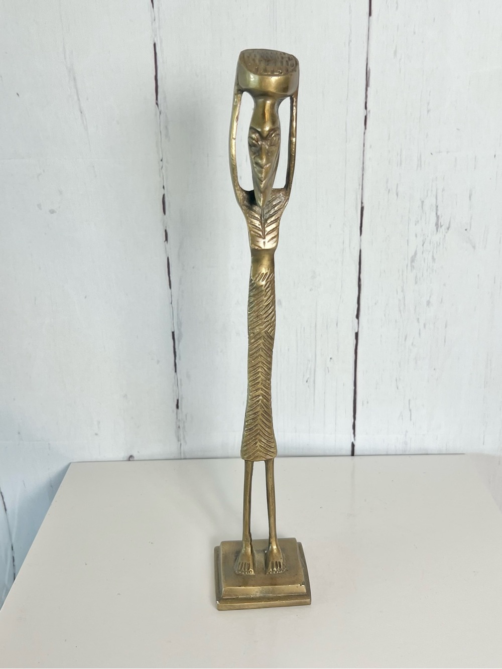 Vintage Brass African Statue Elongated Tribal Woman Figurine Basket On Head 13”